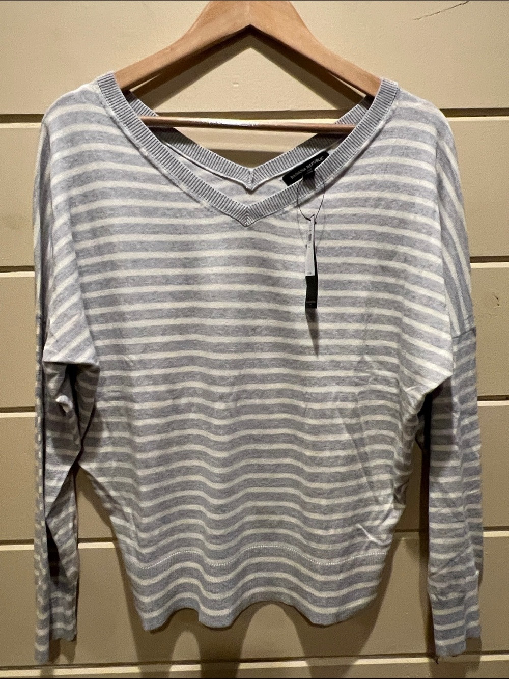 Banana Republic Gray and White Striped V‑Neck Sweater